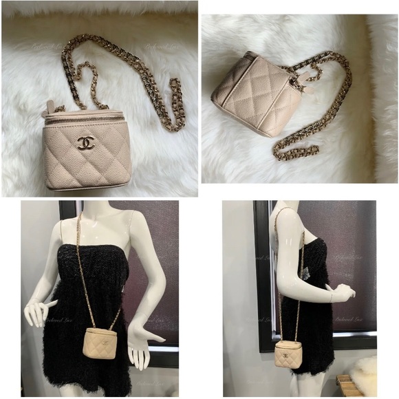 Authentic CHANEL Caviar Beige Mini Square Vanity Case CC Chain Bag Gold Hardware - Picture 8 of 9